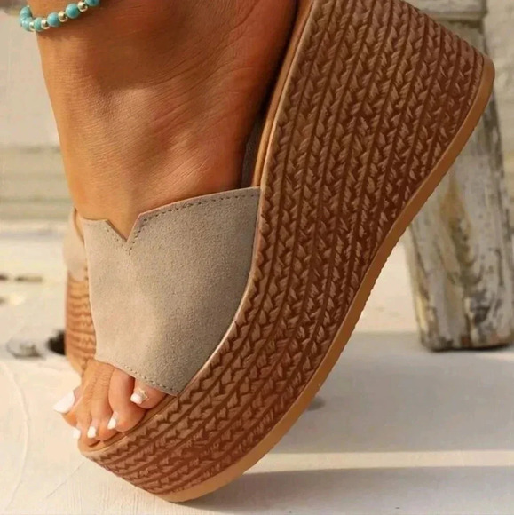 Open Toe Beige Thick Bottom Wedge Sandals For Women In Large Sizes With Pu Soles - Picture 3 of 5